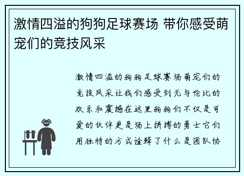 激情四溢的狗狗足球赛场 带你感受萌宠们的竞技风采